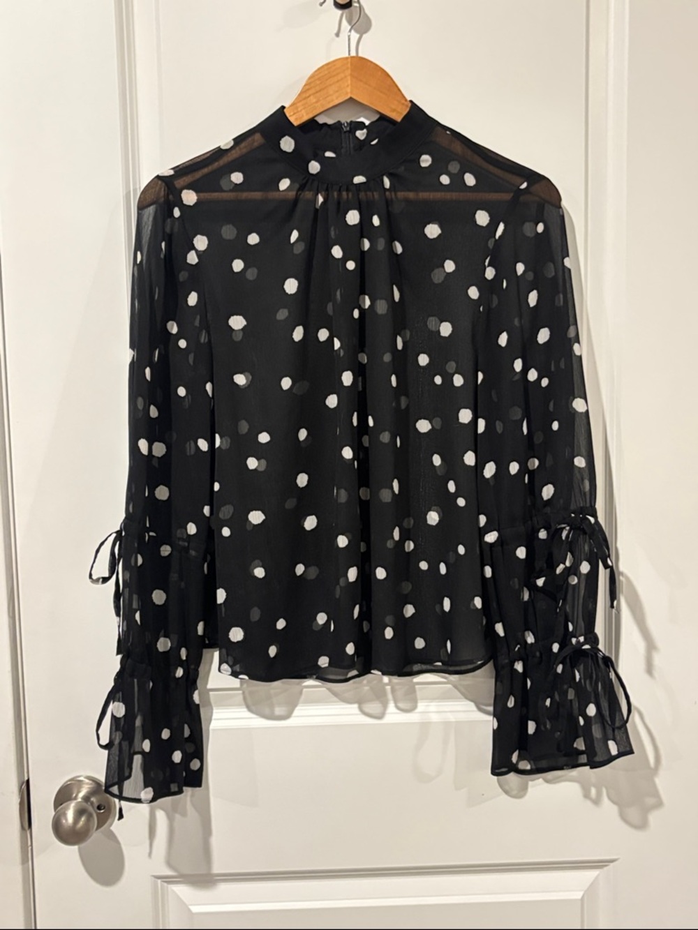 Topshop Drawstring Sleeve Sheer Dot Blouse - Picture 3 of 7